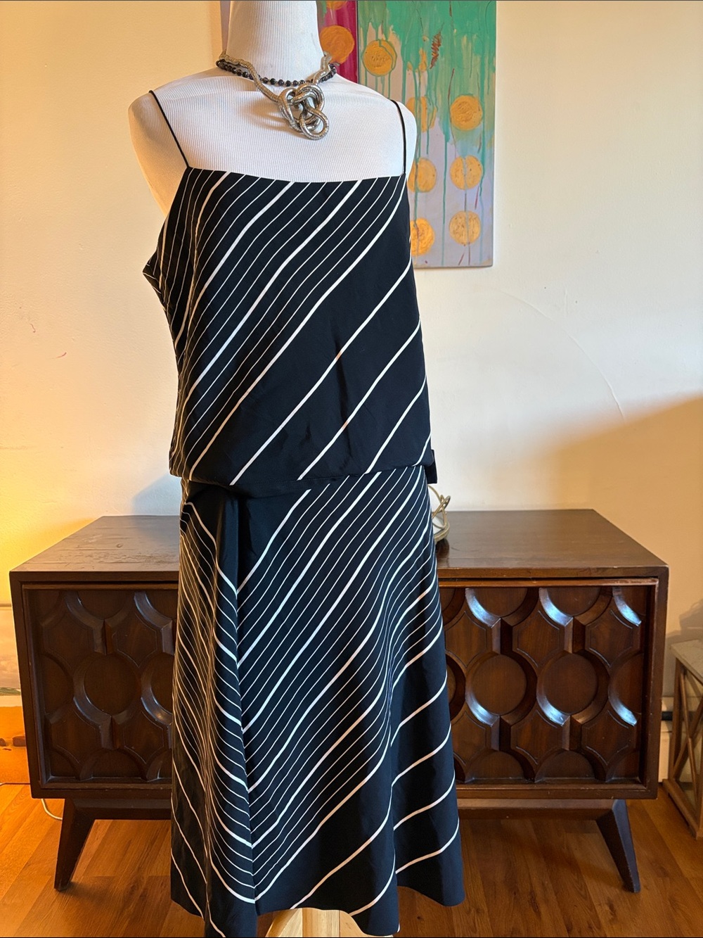 Theory Black with white stripes silk set - Cami and skirt - size  L